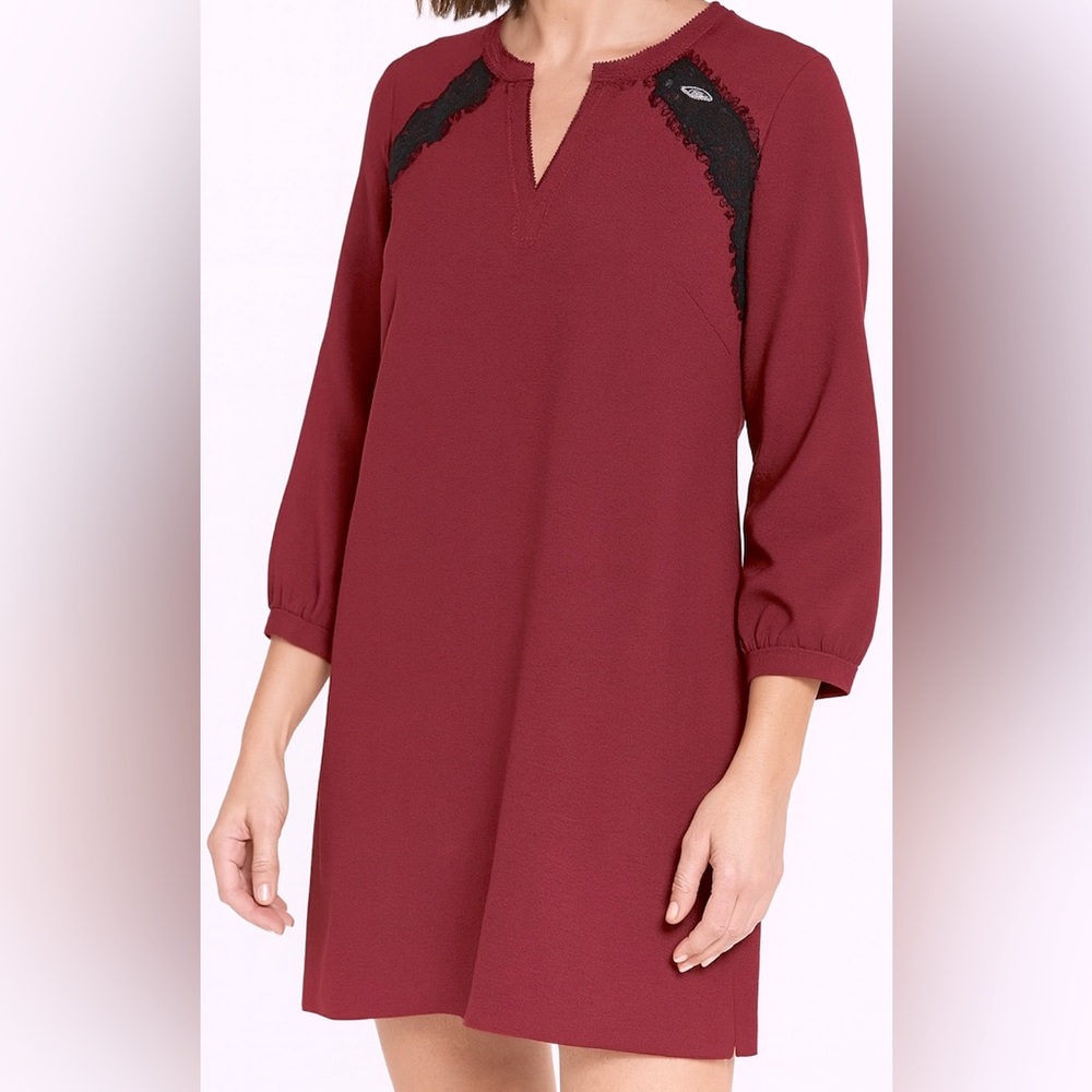 Gerard Darel Lace Detail Shift‎ Dress Burgundy Size 40 (US 8)